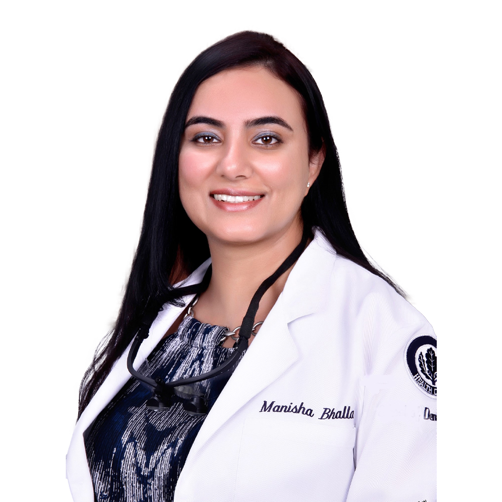 The image features a woman wearing a white lab coat with name tags and posing for a professional portrait.